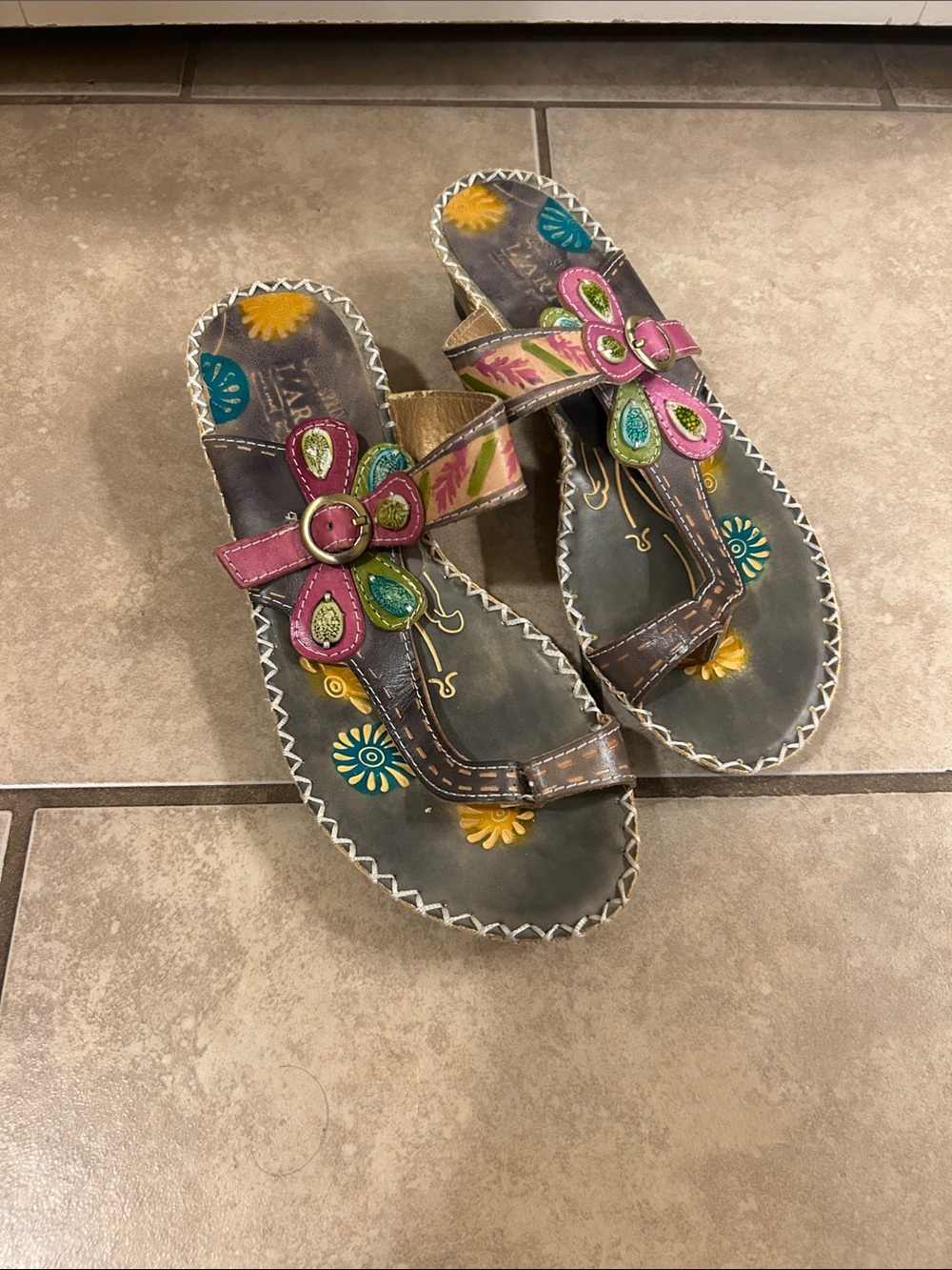 L’Artiste Hand-Embellished Floral Pink & Green yellow Blue Women's Sandals